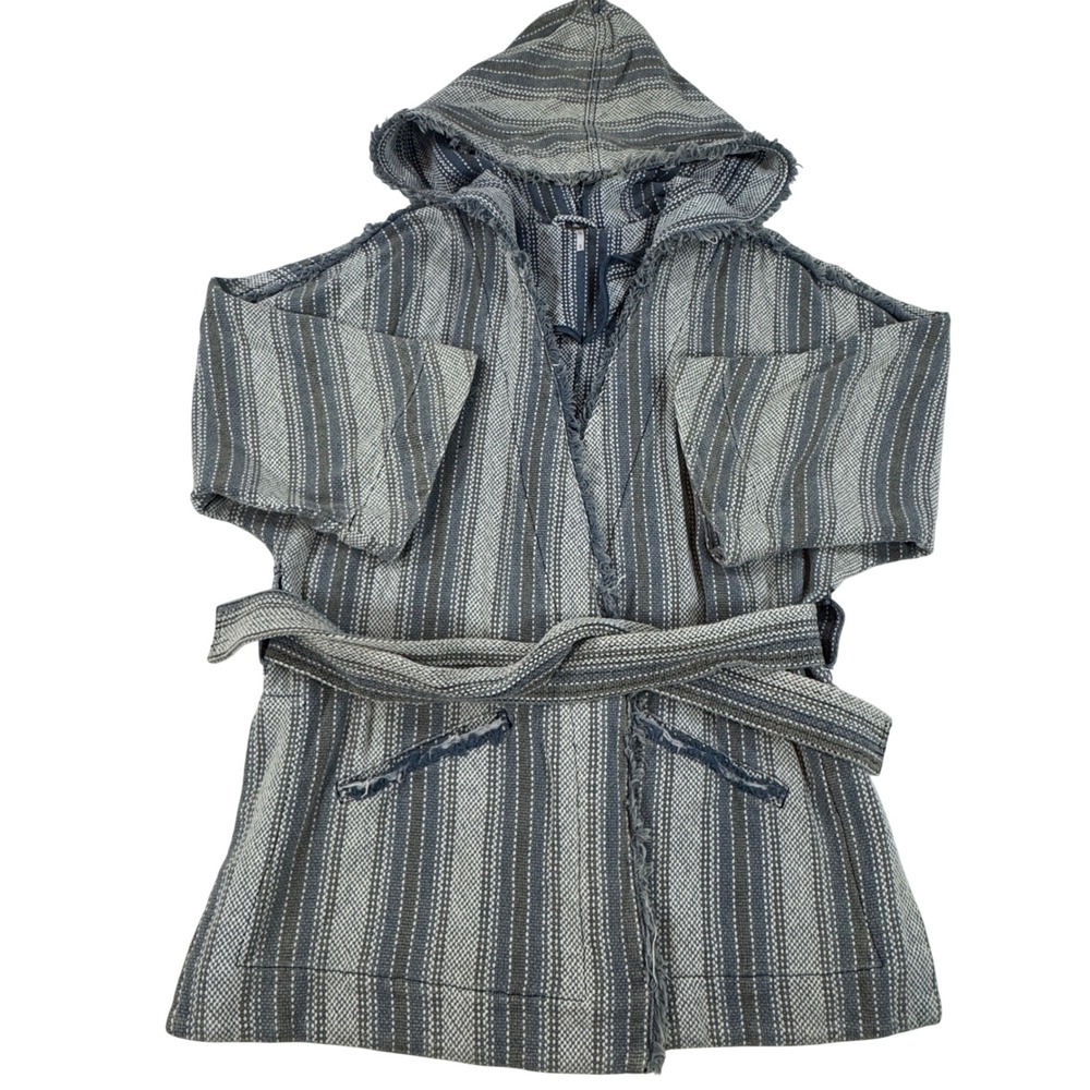 Free People Striped Hooded Wrap Belted Cardigan Blue Grey Cotton Fringe M Boho